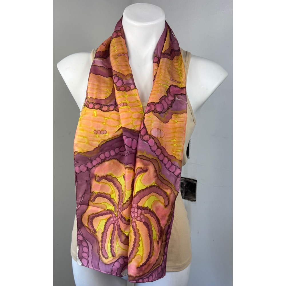Kranz Kreations Scarf Womens Purple Orange Abstract Hand Painted Silk 1988